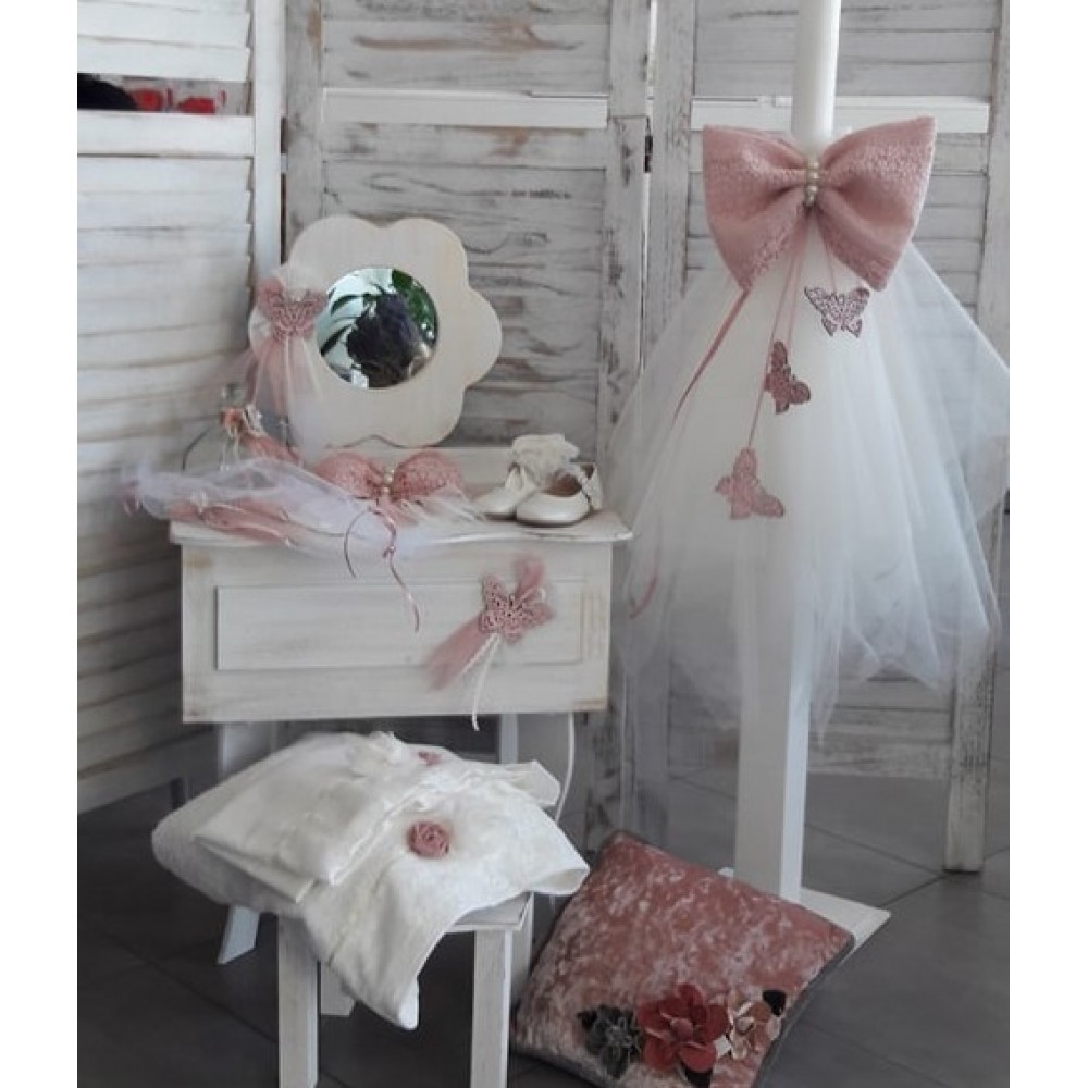 Complete christening set for girl with mirror toilet, butterfly theme