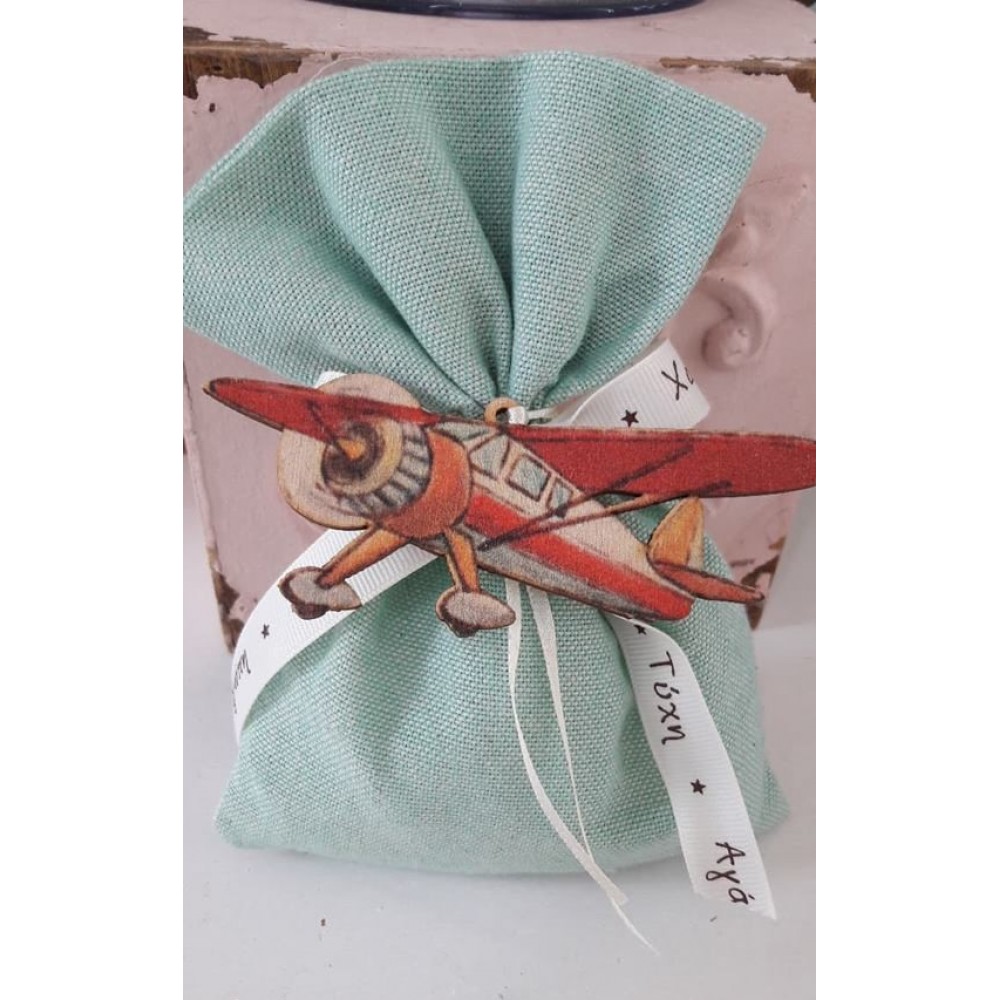 Baptism favors pouch with wooden airplane 1075