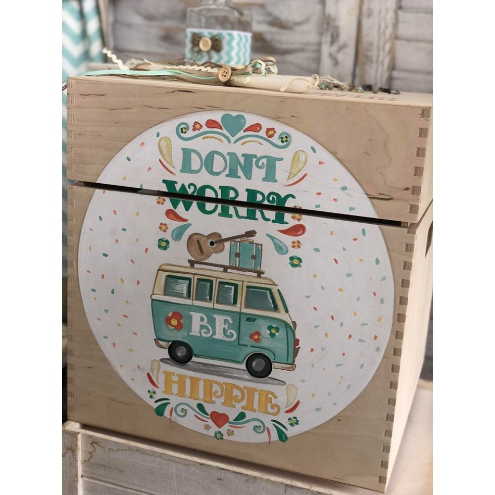 Complete christening set with wooden box painted with hippie style theme set 066 Complete christening set with wooden box painted with hippie style theme set 066