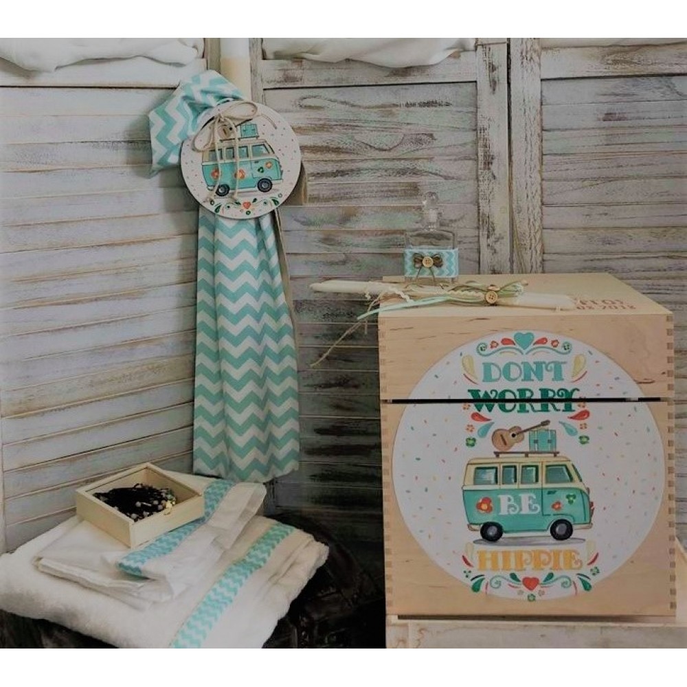 Complete christening set with wooden box painted with hippie style theme set 066