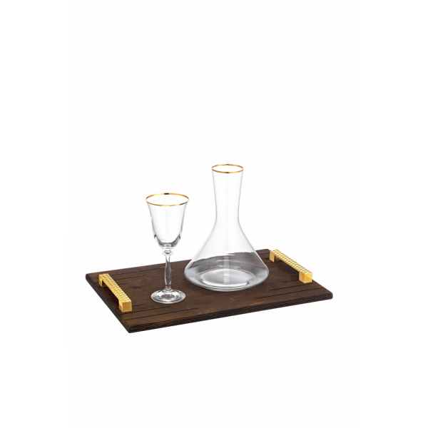 Wedding set consisting of tray with gold handles and wine glass and decanter with gold details. Wedding set consisting of tray with gold handles and wine glass and decanter with gold details.